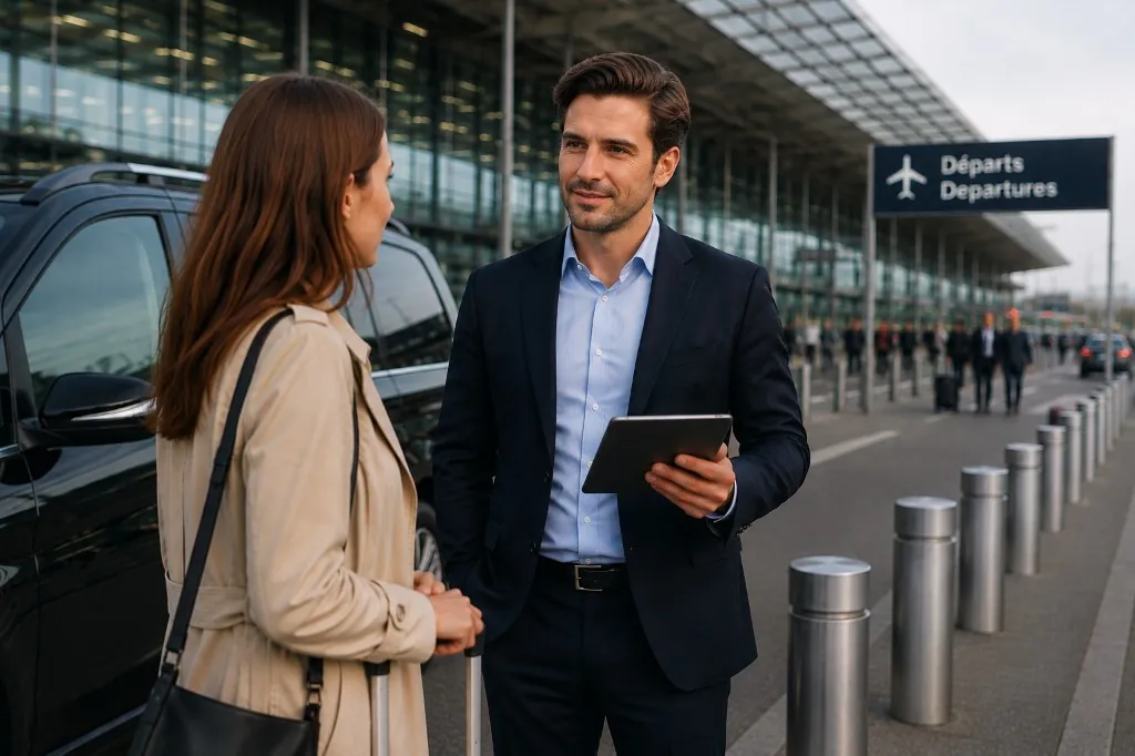 Chauffeur meeting a traveller with luggage at a Paris airport departures terminal